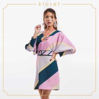 Kloset Color Block Belted Midi Dress (SH19-D002) เดรสผู้หญิง เดรสแฟชั่น เดรสผ้าพิมพ์ เดรสสั้น แต่งดีเทลเข็มขัด