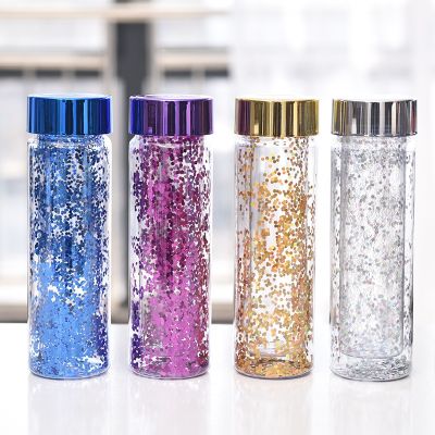 ❡☂  European and electroplating round double-layer space cup with sequins straight plastic water creative sports kettle handy summer