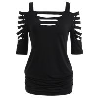 ▤ Womens Shirts Fashion Shoulder Cut Punk Gothic Cotton Hollow Out Hole Short Sleeve