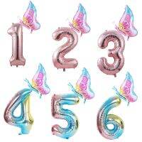 2Pcs Coulourful Butterfly Number Balloons Set Pink Blue Butterfly Balloon 32inch Rainbow Number Kids Birthday Decoration Ballon