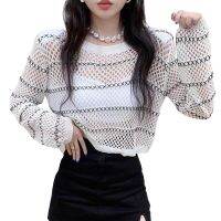 ผู้หญิงเซ็กซี่แขนยาวสำหรับ Cross Fishnet Pullover เสื้อยืด Hollow Out ถักลายตาข่ายรอบคอ Crop Top Streetwear