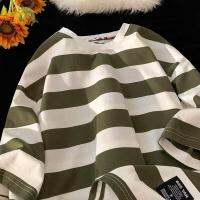 ▦✙ Striped short-sleeve t-shirts male summer American ins loose five and a half sleeve shirt mens fashion leisure round collar jacket