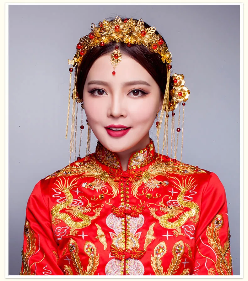 Chinese Bridal Headdress Xiuhe Forehead Diamond Tassel Hair Accessories  Xiuhe Clothing Simple And Elegant A Chaplet And Official Robes Ancient  Costume For Women | Lazada Ph
