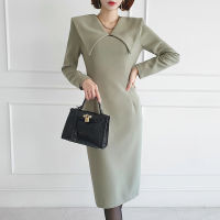 Office Lady Elegant Lapel Package Hip Dress Women Full Sleeve Slim Waist Bodycon Midi Dress 2021 Autumn Winter Female Vestidos