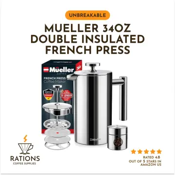 Mueller French Press Coffee Maker. Double Insulated 310 Stainless Steel 34  Oz.