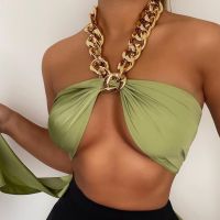 Mozision Chic Fashion Metal Chain Satin Halter Crop Tops For Women Sleeveless Backless Wrap Chest Cropped Top Basic Summer