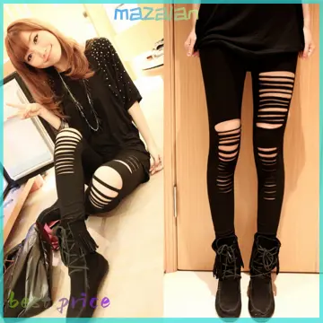 Black Punk Ripped Torn Slashed Cut Striped Leggings Pants Gothic