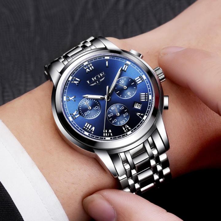 นาฬิกาข้อมือควอตซ์แอนะล็อกกันน้ำสแตนเลสชายนาฬิกาลีเกอนาฬิกาแฟชั่นโครโนกราฟปฏิทินอัตโนมัติ