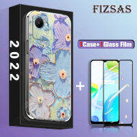 เคสซิลิโคนสำหรับ Realme C30 C30s C55 C33ของ NFC C25Y C21Y C20 C11 2021กรอบโทรศัพท์ + 【ฟิล์มกระจกนิรภัย】แสงสีฟ้าภาพสีน้ำมันพลอยเทียมเปลือกดอกไม้สีม่วงบางพิเศษ TPU นิ่มแฟชั่นเลนส์รวมทุกอย่างด้านหลัง Cov