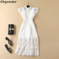 2021Romantic Vintage Victorian Temperament White Lace Dresses Butterfly Beaded Floral Embroidery Mid Lace Dress Hollow Out Dress