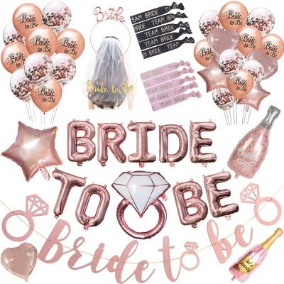 Team Bride To Be Rose Gold Balloons Banner Wedding Decoration Veil Headband Bridesmaid Sash Bracelet Bachelorette Party Supplies