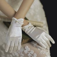 ✧ Bridal Gloves Wedding Dress Short Female Pearl Pleated Thin Mesh Lace Silk Satin Wedding Photo Wedding Sleeves White Gloves