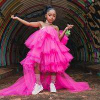 【YF】 Lovely Hot Pink Puffy Tiered Ruffled Tulle Dress Girls Lastic Waist Straplss Hi Low Long Dresses For Birthday Party