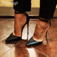 Tikicup สีดำ Matte ผู้หญิงสายรัดข้อเท้า Pointy Toe รองเท้าส้นสูงฤดูร้อนสุภาพสตรี DOrsay Stiletto ปั๊มสีปรับแต่ง ~