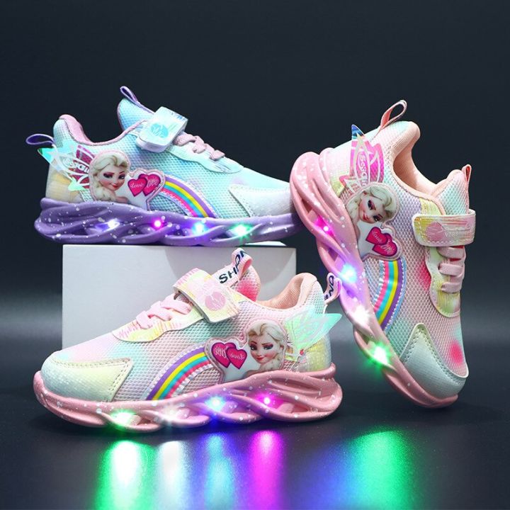 New Glowing Princess Print Casual Sneakers LED Cartoon Sports Outdoor Shoes  Children's Lighted Non-Slip Shoes 