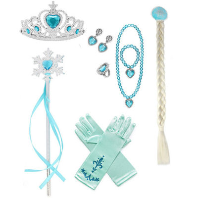 【ลดกระหน่ำ】Elsa Princess Dress Upอุปกรณ์เครื่องแต่งกายElsa Crown Scepterสร้อยคอต่างหูถุงมือ 8 ชุด