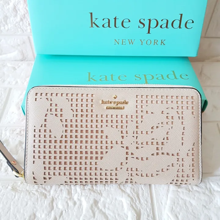 Kate Spade Classic Leather Zip Around Wallet Beige Cameron Street Perforated Rose Lacey Wallet