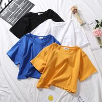 ฤดูร้อนแขนสั้นเสื้อยืดผู้หญิงผ้าฝ้ายสีทึบ O คอเอวสูง Crop TOP แฟชั่น Casual หลวม TEE