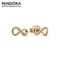 Pandora Infinity 14k gold-plated stud earrings with clear cubic zirconia เครื่องประดับ ต่างหู ต่างหูทอง ต่างหูแพนดอร่า แพนดอร่า