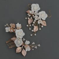 Handmade Ceramic Flowers Bridal Hair Comb Rose Flower Wedding Hair Accessories Earring Jewelry