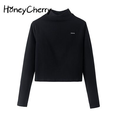 Honeycherry T-shirt Autumn And Winter Top Half High Neck Black Long-sleeved Bottoming Shirt Short T-shirt Exposed Navel