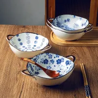 Jingdezhen ชามเซรามิกใส่ชามสลัดแบบสองหูชุดอาหารพิมพ์ลายด้วยมือชามก๋วยเตี๋ยวดอกไม้สีฟ้าเซรามิคโบราณ