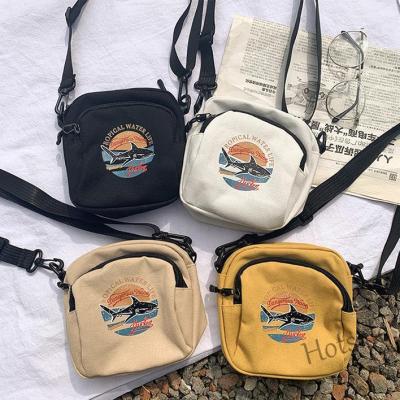 【hot sale】▫❇ C16 Simple Small Canvas Crossbody Bag/ Korean Men Women Mini Student Bag /Casual Shark Print Cell Phone Shoulder Bag