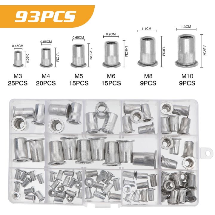 93pcs-aluminum-rivet-nuts-set-nutserts-threaded-insert-nutsert-cap-flat-head-rivet-nuts-m3-m4-m5-m6-m8-m10