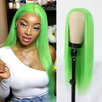 Synthetic Lace Wigs with Natural Hairline Long Straight Hair Lime Green Color Wigs for Fashion Women Wig  Hair Extensions Pads