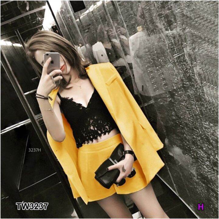 Garden Clothes ชุดเซ็ท SET สูท+สายเดี่ยวลุกไม้+กางเกง สีเหลือง Lazada