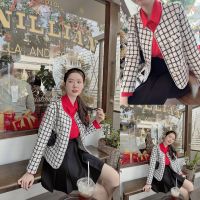 SLYQ SNOW PUZZLE PEARL TWEED JACKET เสื้อคลุมผ้าทวีตโทนสีขาวหม่นลายสีดำ