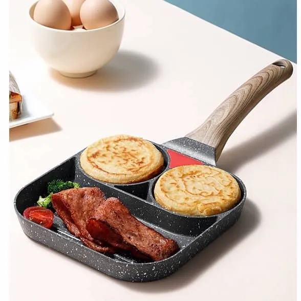 2/4 Hole Frying Pot Thickened Omelet Pan Black Non-stick Egg Steak Ham  Pancake Wooden