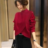 Elegant Solid Color Knitted Spliced Asymmetrical Sweater Womens Clothing 2022 Autumn Loose New Casual Pullovers Irregular Tops2023