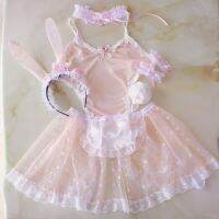 〖Gesh department store〗Sexy Cute Women  39;s Pink Bunny Maid Transparent Exotic Set Kawaii Cosplay Rabbit Ears Tail Necklace Apron Bunny Girl Sexy Costumes