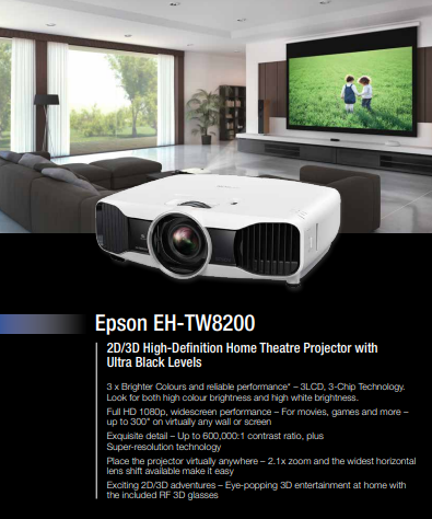 Projector Epson EH-TW8200 2,400 Lumens Home Theatre Projectors 2D