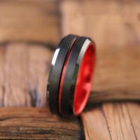 【CW】 Fashion 8mm Men Red Stainless Steel Wedding Band Ring Black Brushed With Red Groove Beveled Edge Ring Party Anniversary Gifts