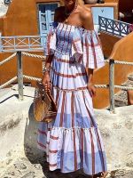 ⊙♈ Summer Women Plaid Print A-line Beach Dress Sexy Off the shoulder Boho Long Dress Casual Femme Slash Neck Cover Up Sundress