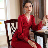 Ao Dai ฤดูใบไม้ร่วงสินค้าใหม่ฝรั่งเศสศาลลมชุดนอนแขนยาวผู้หญิง Ice Silk Sleepsuit Fairy Elegant V คอผ้าซาตินชุดบ้าน