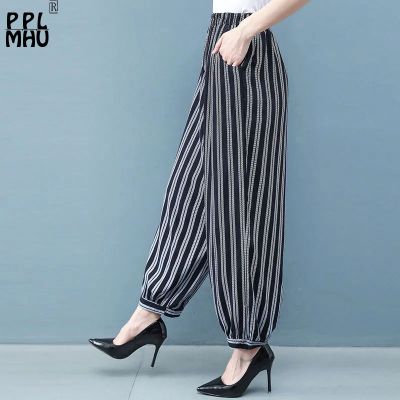 Classical Thin Striped Baggy Pants Women Super Loose Printing 5xl Oversize Bloomers Vintage High Waist Harem Summer Pantalones