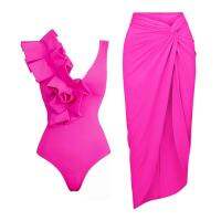 2023 New Solid Color Irregular Women Swimsuits Pink One-Piece Body-Slimming Swimsuit with Square Fold on One Side and Shawl Cover-Up Female Vacation Swimsuit