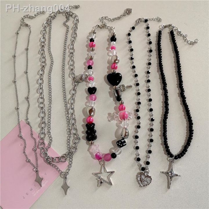 ▤ Kpop Goth Vintage Y2K Star Cross Pendant Pink Beaded Silver Color Chain  Necklace For Women Aesthetic Grunge EMO Jewely Accessory