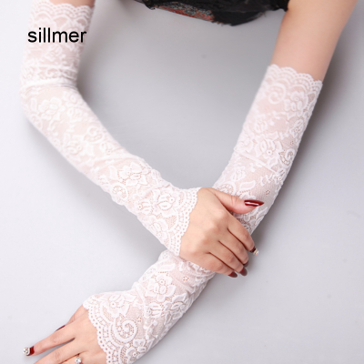 Sillmer นิ้วแฟชั่นถุงมือครึ่งนิ้วลูกไม้ลายดอกถุงมือสตรียาวถึงถุงมือลูกไม้แฟชั่นแบบบางนุ่มเป็นพิเศษลายดอกไม้ถุงมืออย่างบางไร้นิ้ว