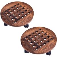 2PCS 12 Inch Rolling Wooden Planter Potted Plant Stand with Wheels Round Flower Pot Rack Indoor Planter Trolley