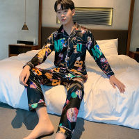 Mens Pajamas Set Autumn Leisure Elastic Waist Men Sleepwear Silk Mens Long Sleeve Nightwear Print Top + Long Pant Homewear