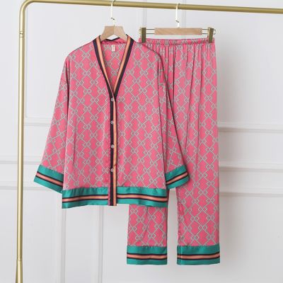 5XL Plus Size Chic Ice Silk Long Sleeve Long Pants Pajamas Set For Women Lady Homewear Clothing Sleepwear Nightwear Suit