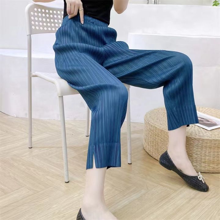 ฤดูใบไม้ผลิและฤดูร้อนใหม่จีบกางเกงผู้หญิงเก้าจุดกางเกงขาเรียวเล็กกรีดจับเจ่าความรู้สึกช่องการออกแบบ-2022