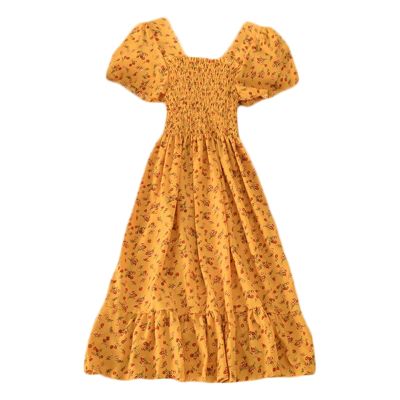 ผู้หญิงพัฟแขนสั้นคอเหลี่ยม Midi Long Swing Dress Boho Vintage พิมพ์ลายดอกไม้ Smocked A-Line Ruffle Hem Sundress