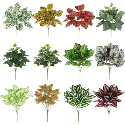 พืชจำลองที่มีใบฟิล์ม7ช่อพืชสีเขียวจำลองใบสับปะรดสีเขียวและการจัดวางดอกไม้ติดผนัง