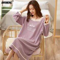 【Xiaobaide electronic】ฤดูใบไม้ร่วงฤดูหนาว M 2XL ถักผ้าฝ้ายคืนชุดการ์ตูนพิมพ์ผู้หญิง Nightgowns สาว Nightgowns Kawaii ตารางปกชุดนอน