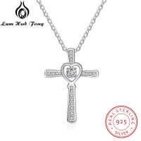 Classic 925 Sterling Silver Heart Cross Necklace Full Zirconia Paved Pendant Necklaces for Women Fine Jewelry (Lam Hub Fong)